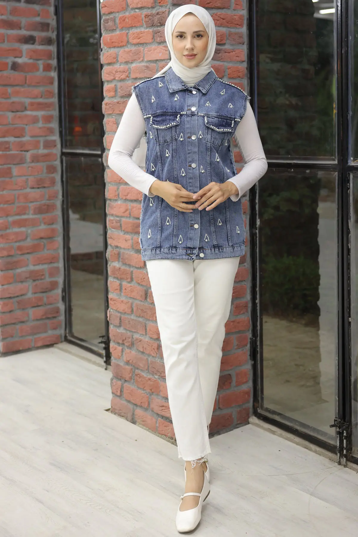 2003 İnci Detaylı Kot Yelek Lacivert-detail