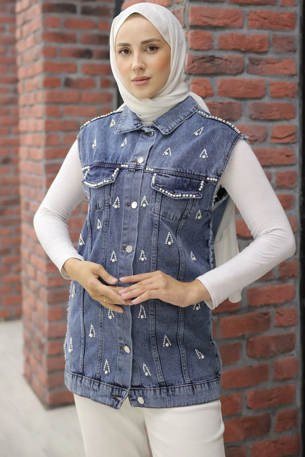 2003 İnci Detaylı Kot Yelek Lacivert-detail