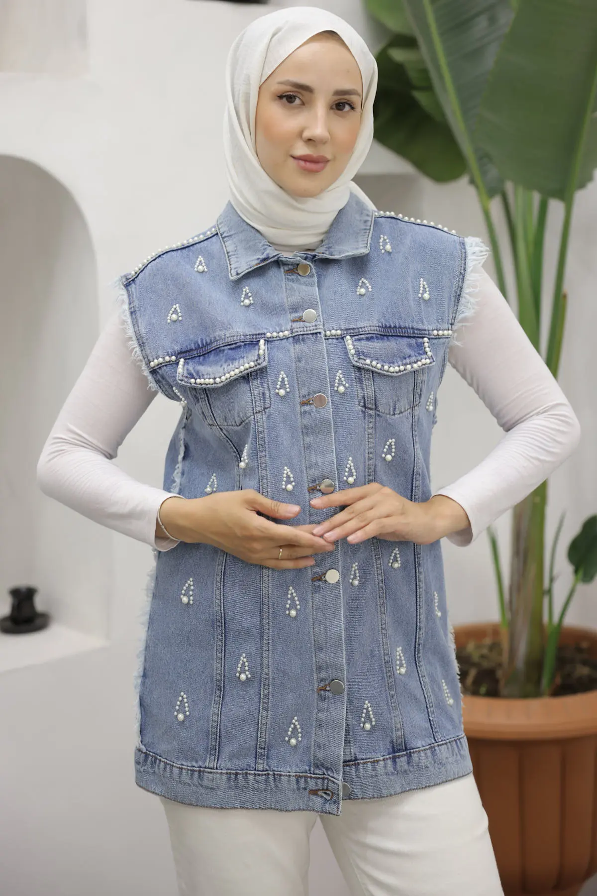 2003 İnci Detaylı Kot Yelek Mavi-detail