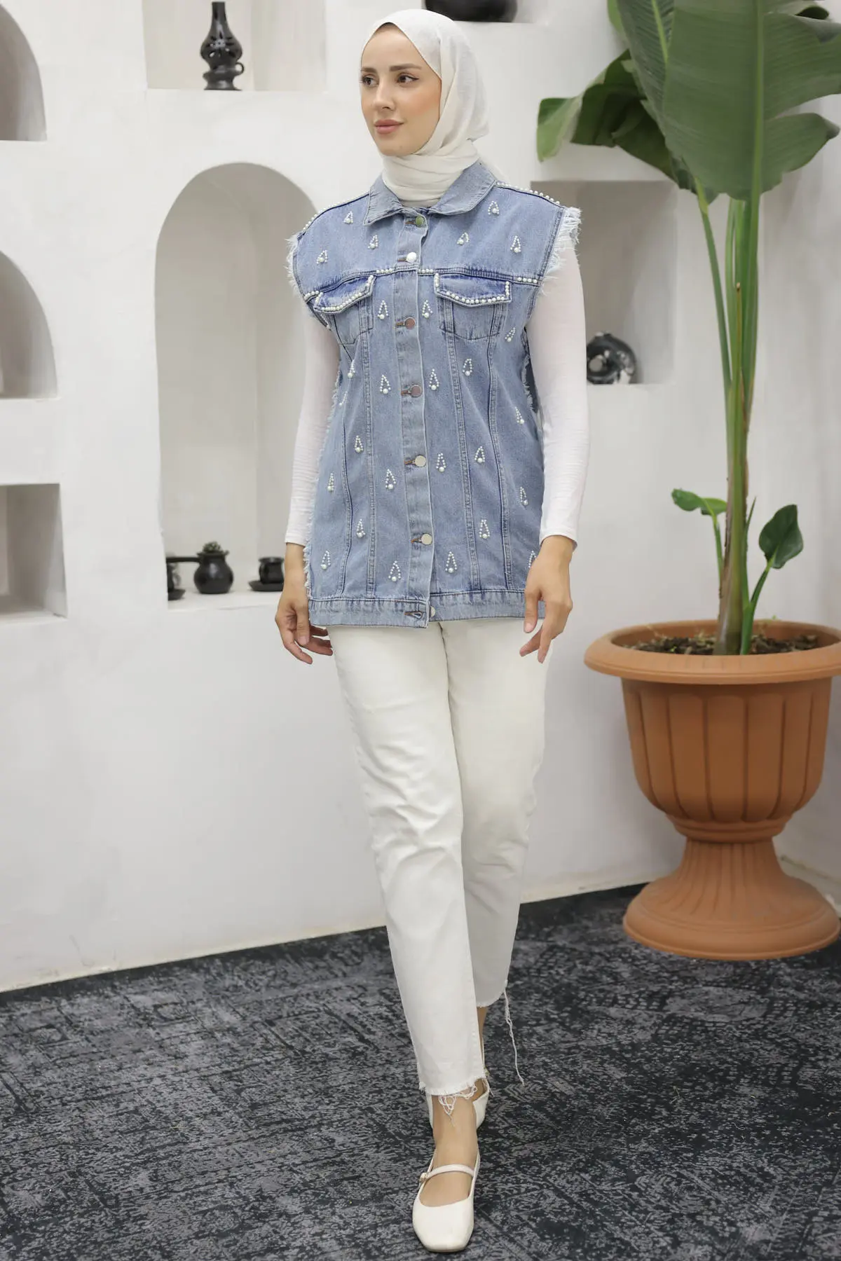 2003 İnci Detaylı Kot Yelek Mavi-detail