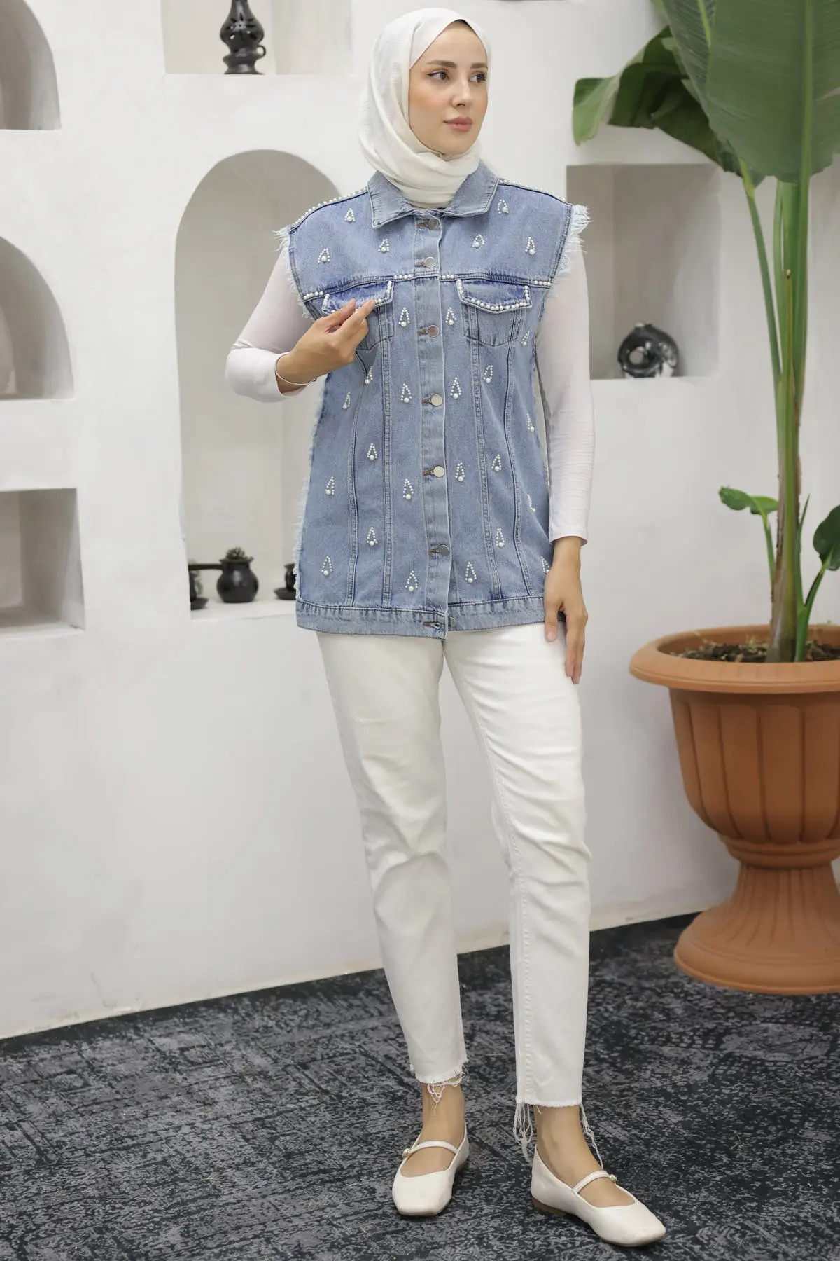 2003 İnci Detaylı Kot Yelek Mavi-detail