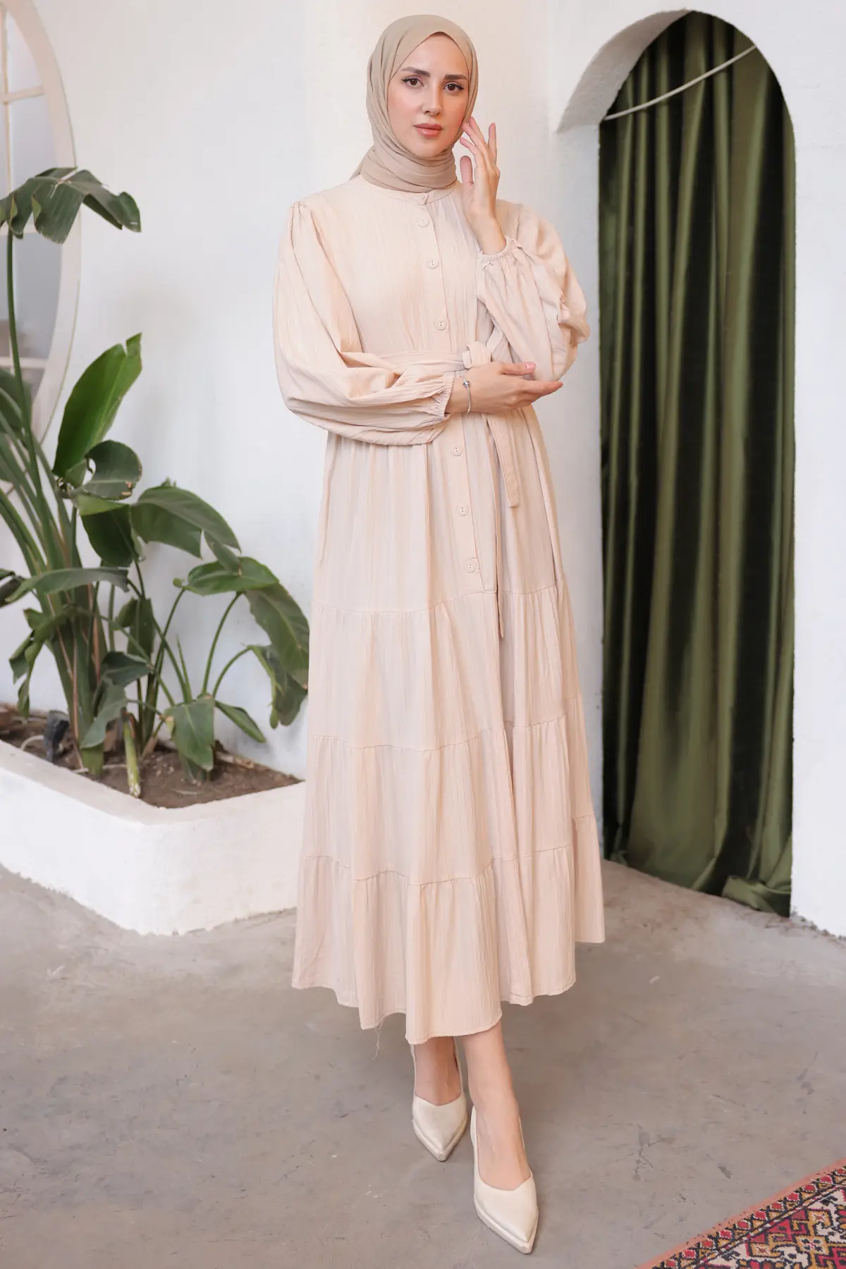 2024 Düğme Detaylı Elbise Bej-detail