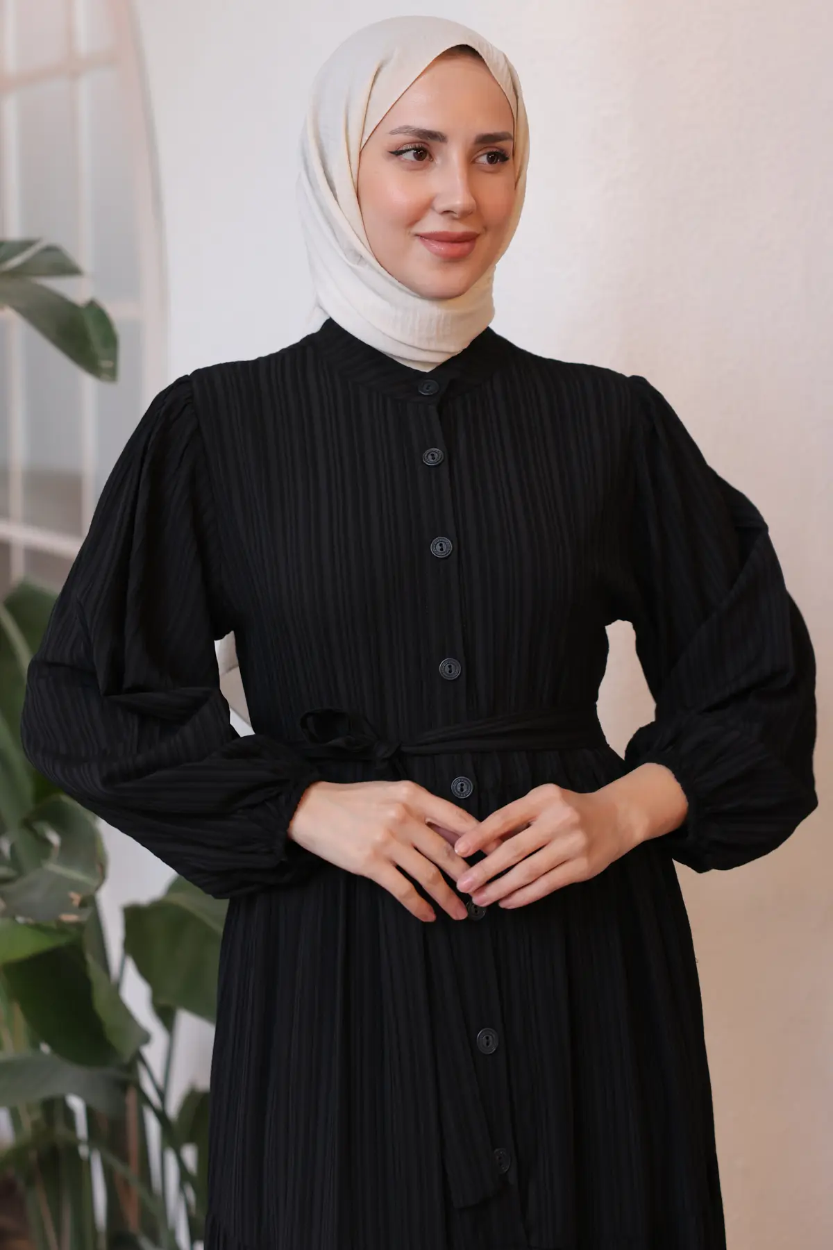 2024 Düğme Detaylı Elbise Siyah-detail