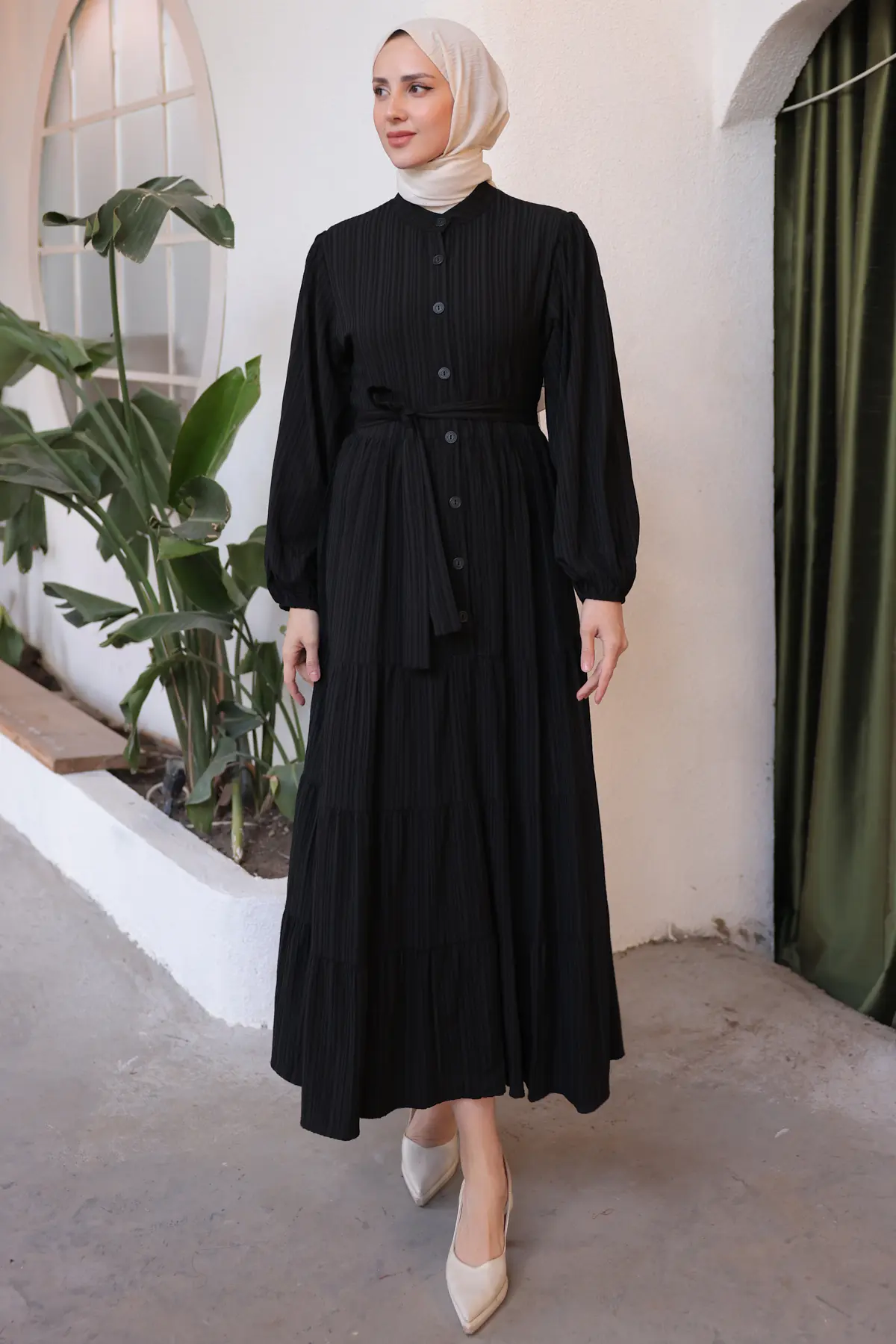 2024 Düğme Detaylı Elbise Siyah-detail