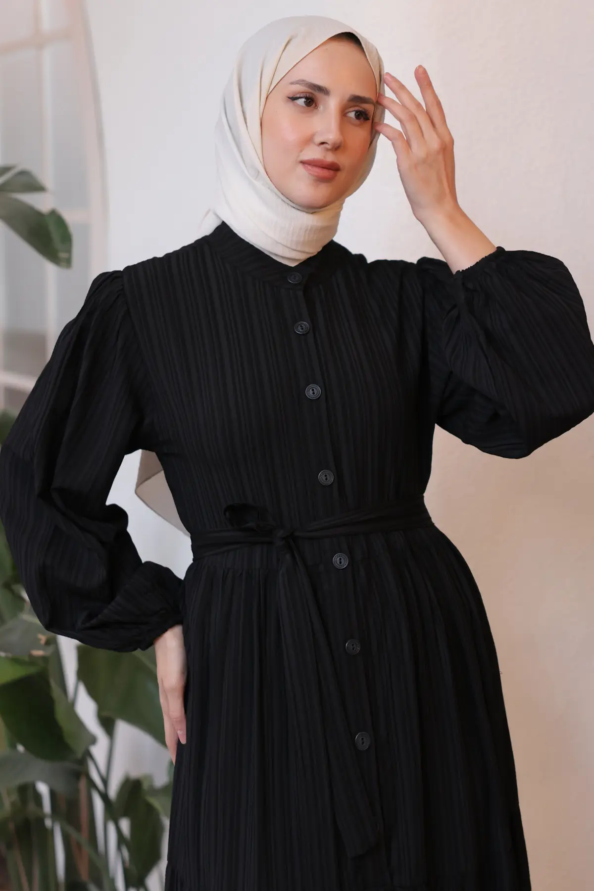 2024 Düğme Detaylı Elbise Siyah-detail