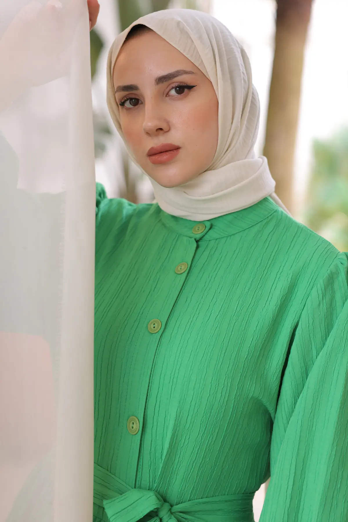 2024 Düğme Detaylı Elbise Yeşil-detail