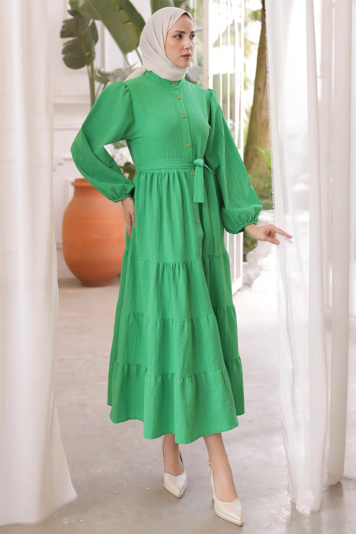 2024 Düğme Detaylı Elbise Yeşil-detail