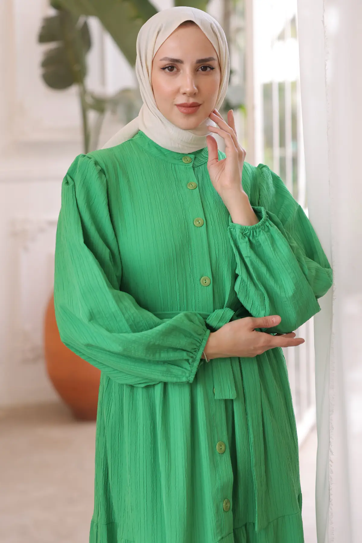 2024 Düğme Detaylı Elbise Yeşil-detail