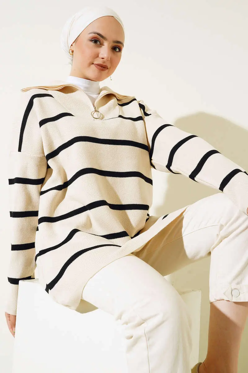 2026 Yaka Fermuarlı Çizgili Triko Tunik Ekru-detail