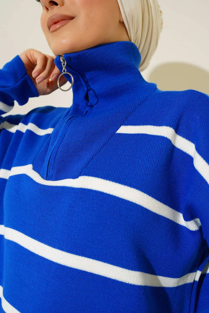 2026 Yaka Fermuarlı Çizgili Triko Tunik Saks Mavisi-detail