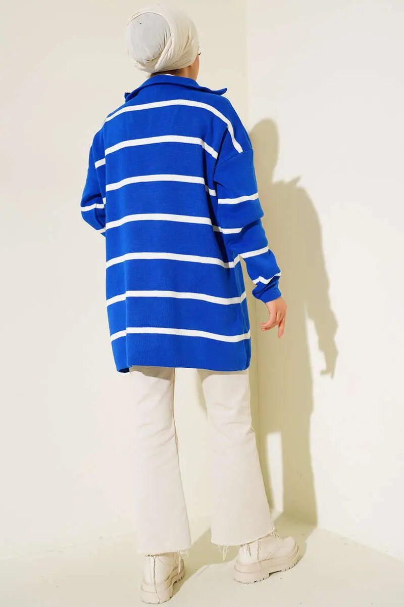 2026 Yaka Fermuarlı Çizgili Triko Tunik Saks Mavisi-detail