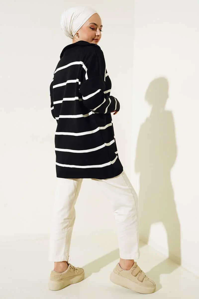 2026 Yaka Fermuarlı Çizgili Triko Tunik Siyah-detail
