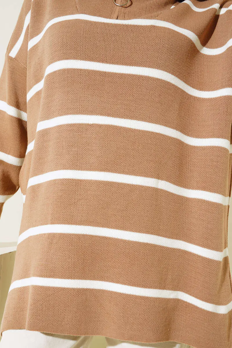 2026 Yaka Fermuarlı Çizgili Triko Tunik Vizon-detail