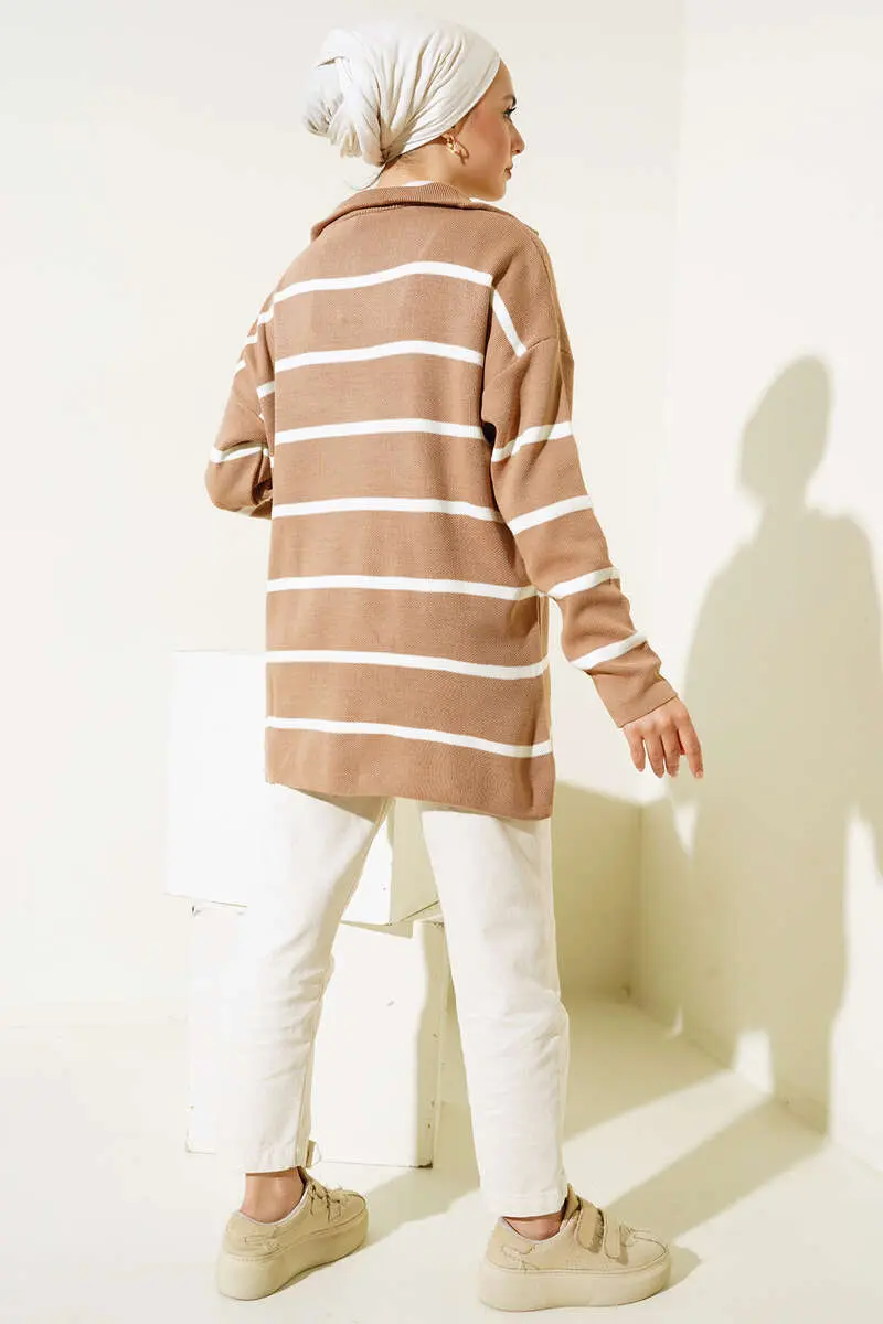 2026 Yaka Fermuarlı Çizgili Triko Tunik Vizon-detail