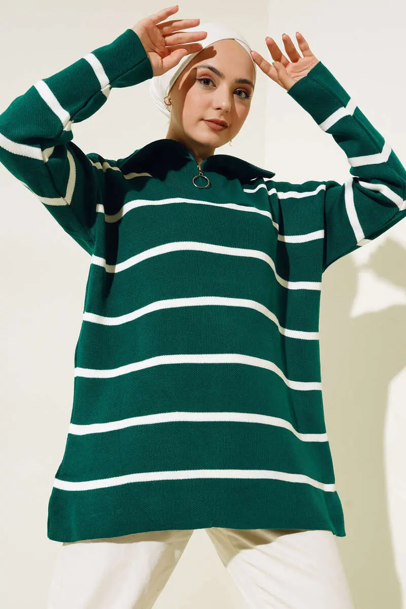 2026 Yaka Fermuarlı Çizgili Triko Tunik Zümrüt Yeşili-detail