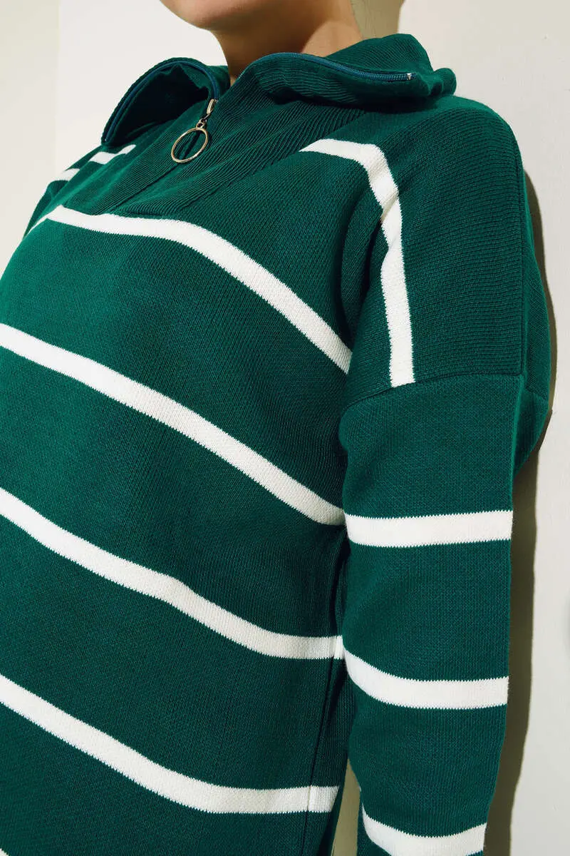 2026 Yaka Fermuarlı Çizgili Triko Tunik Zümrüt Yeşili-detail