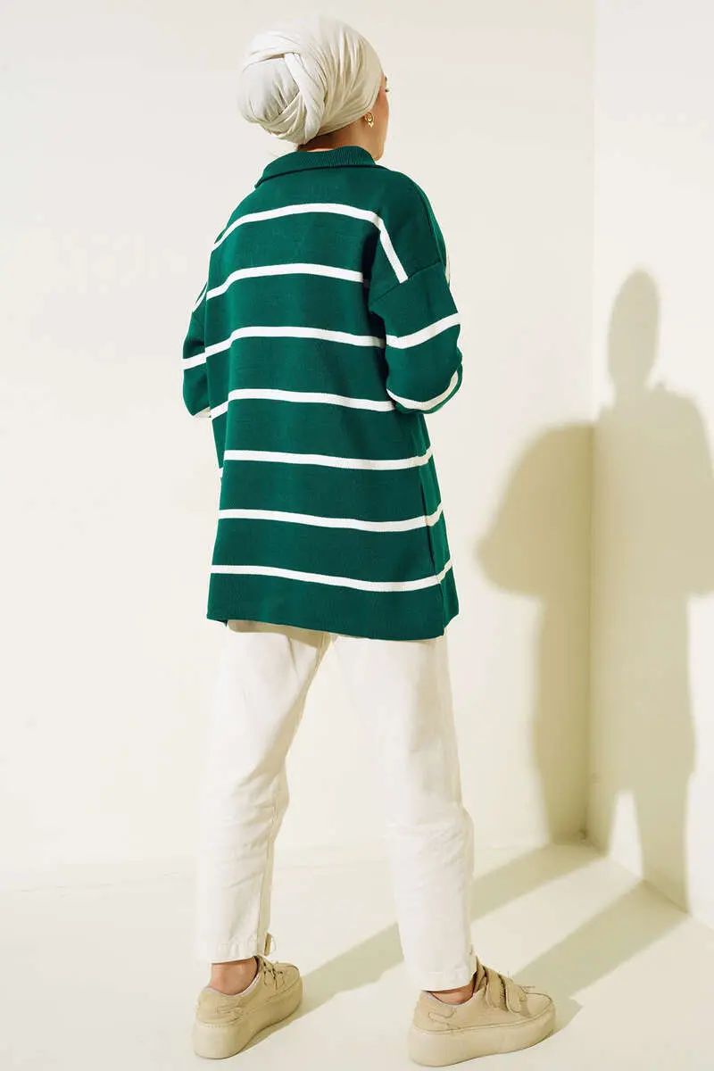 2026 Yaka Fermuarlı Çizgili Triko Tunik Zümrüt Yeşili-detail
