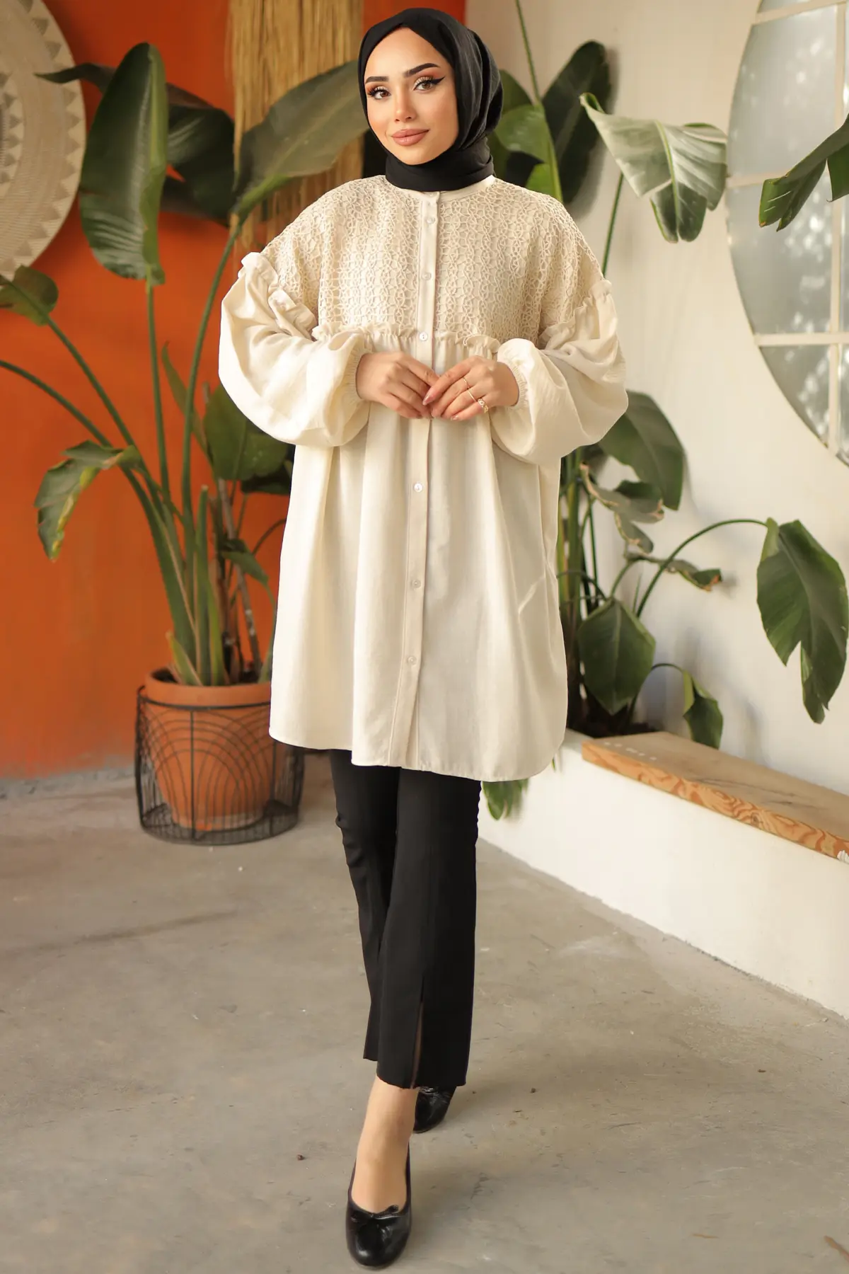 2028 Örgü Desenli Gömlek Bej-detail