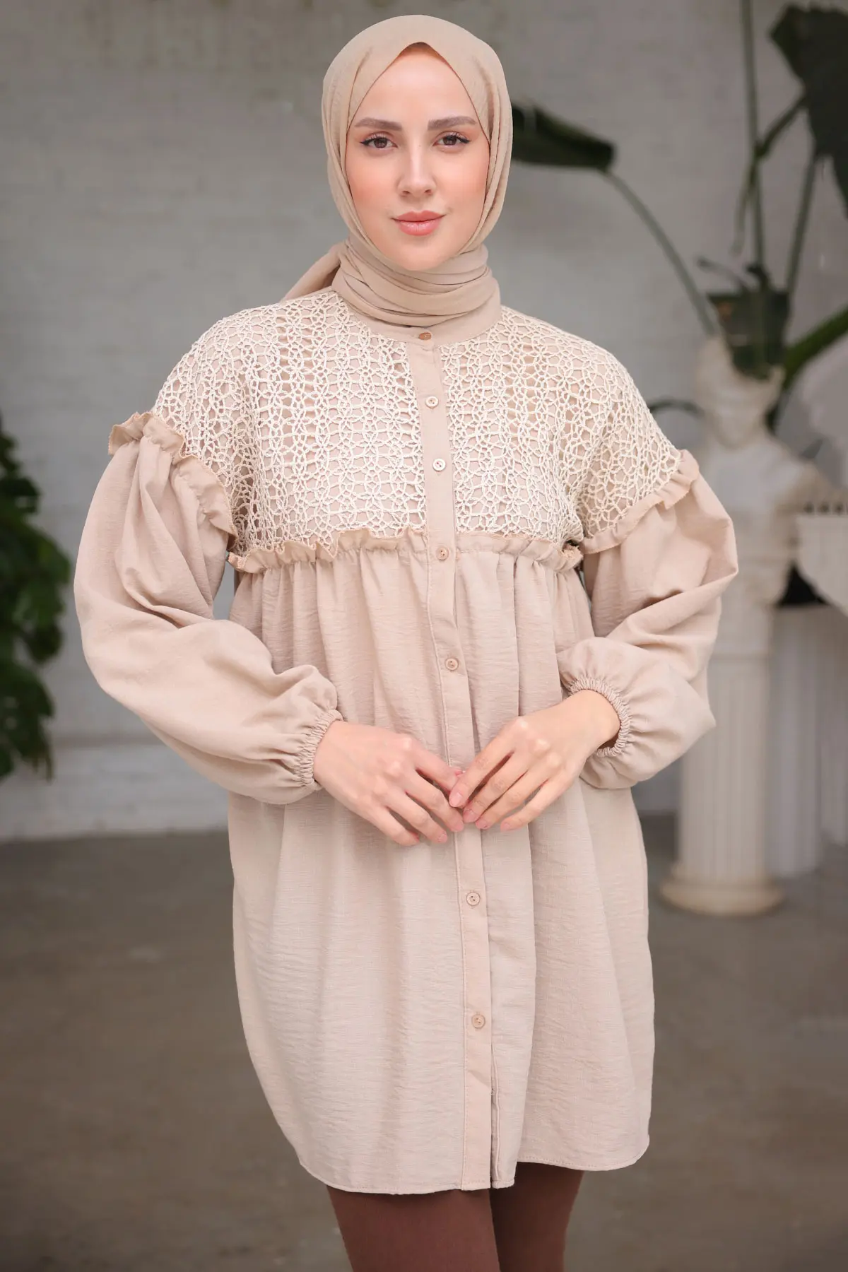 2028 Örgü Desenli Gömlek Vizon-detail