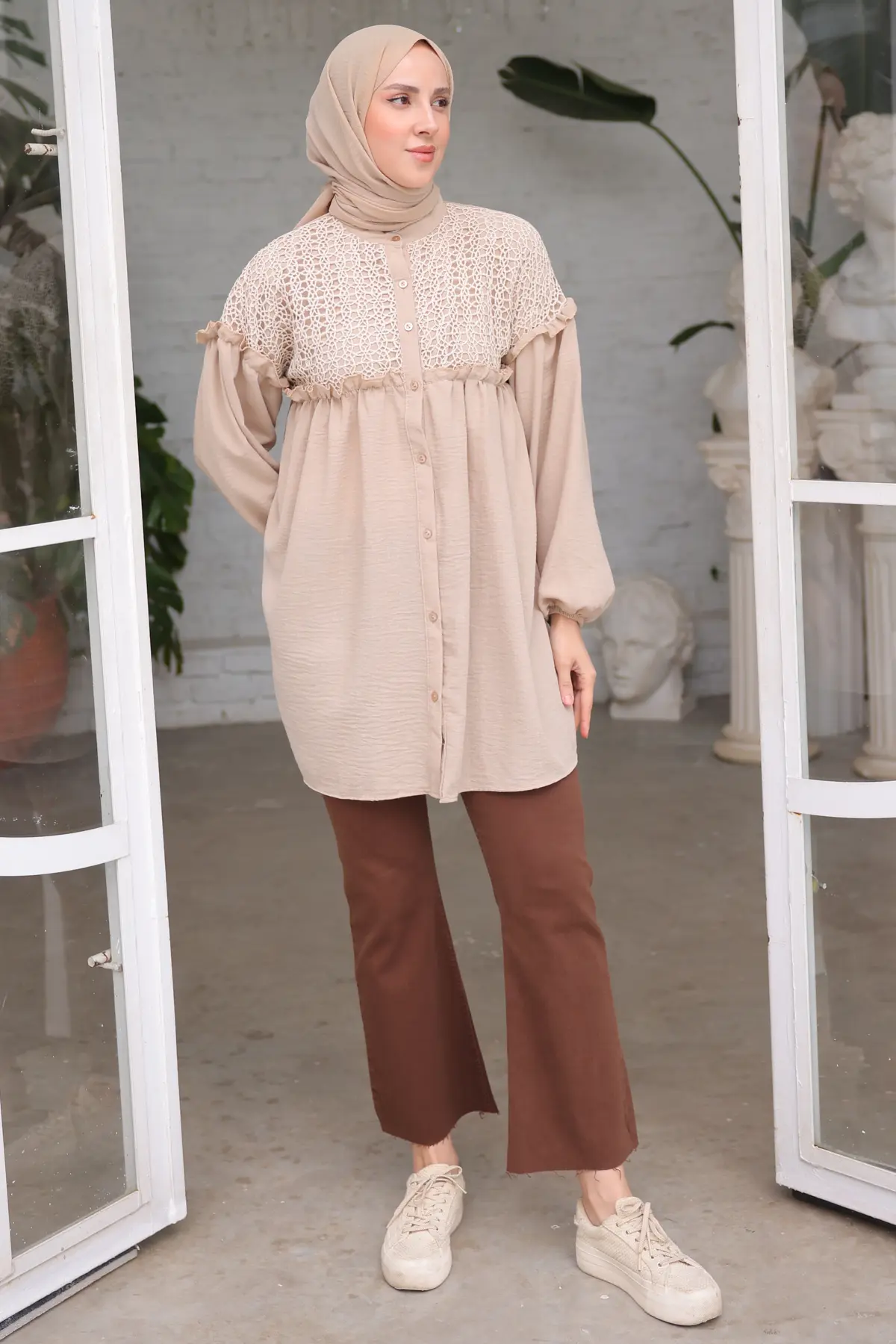 2028 Örgü Desenli Gömlek Vizon-detail