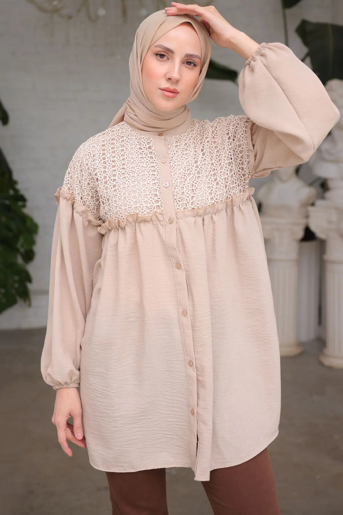 2028 Örgü Desenli Gömlek Vizon-detail