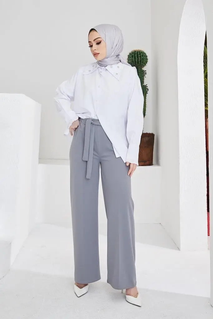 Gray Belted Hijab Pants-detail