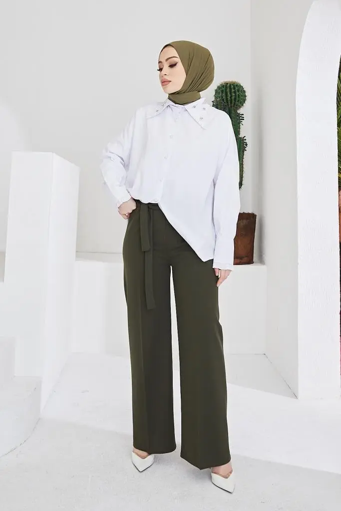 Khaki Belted Hijab Pants-detail
