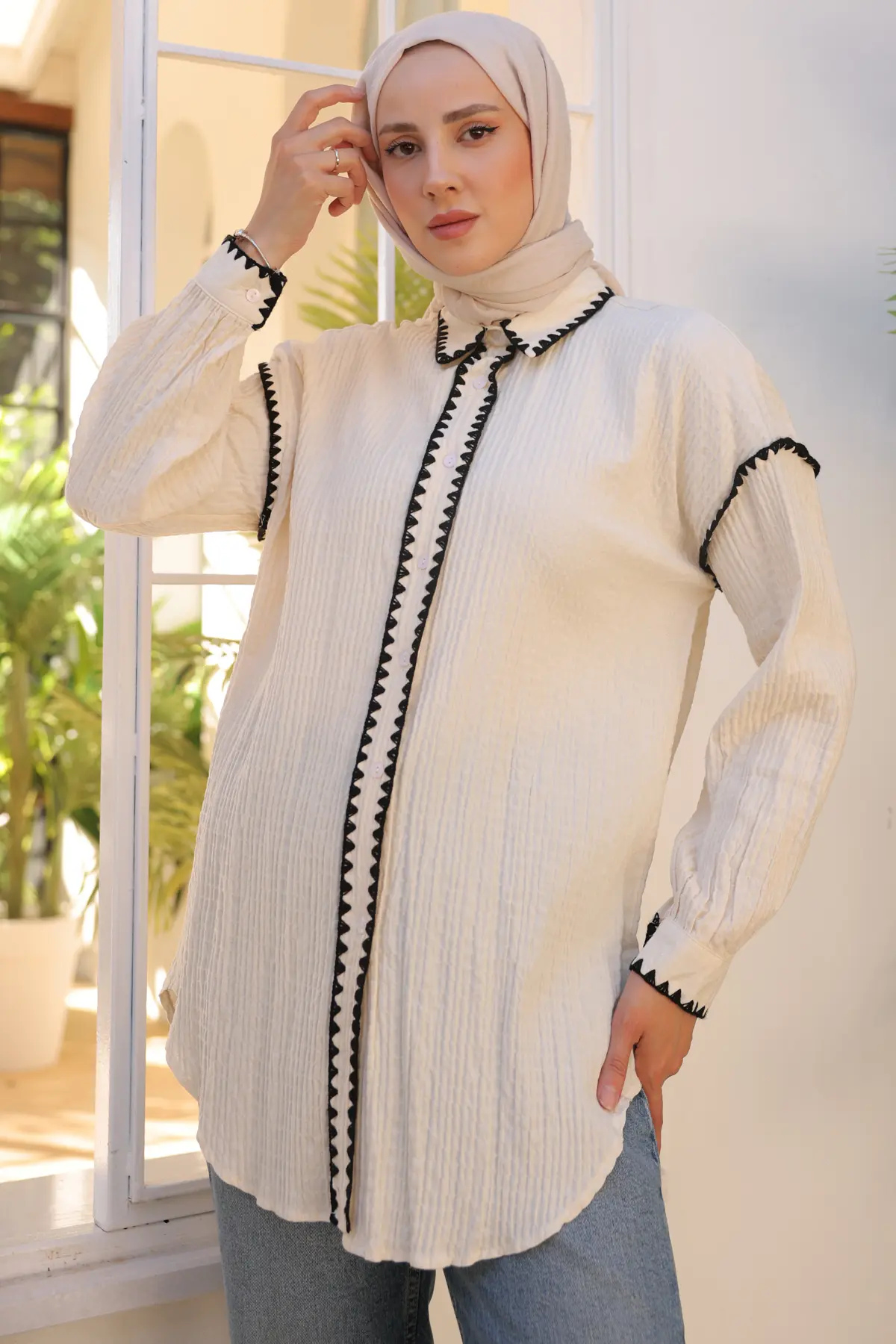 2047 Nakış Detaylı Gömlek Taş Rengi-detail