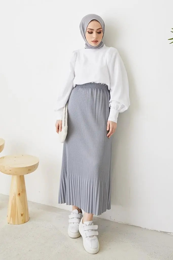 205 - Piliseli Tesettür Etek Gri-detail