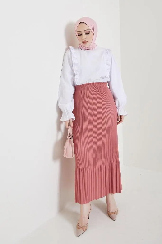 205 - Piliseli Tesettür Etek Gül Kurusu-detail