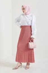 205 - Piliseli Tesettür Etek Gül Kurusu