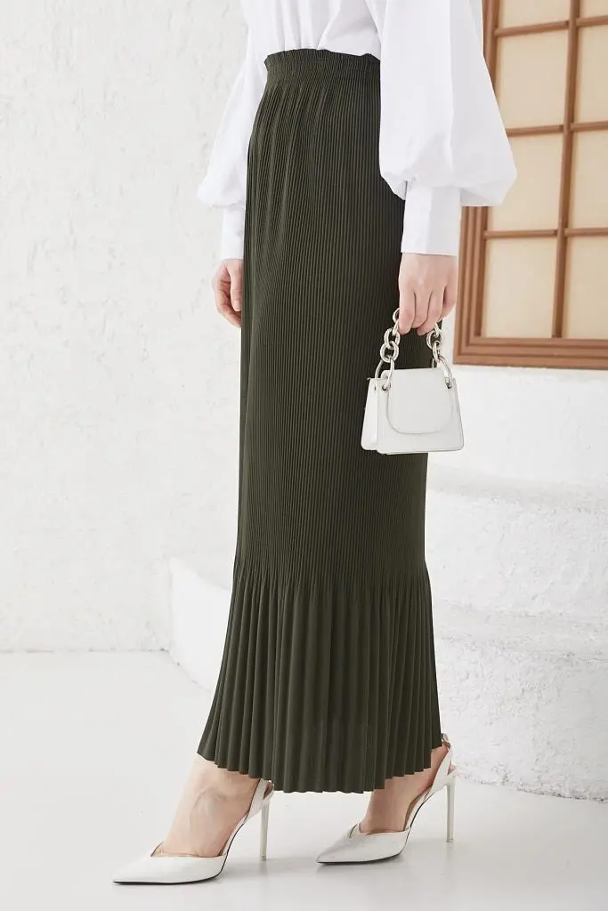 205 - Piliseli Tesettür Etek Haki-detail