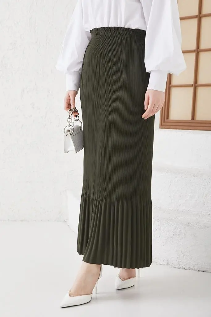 205 - Piliseli Tesettür Etek Haki-detail