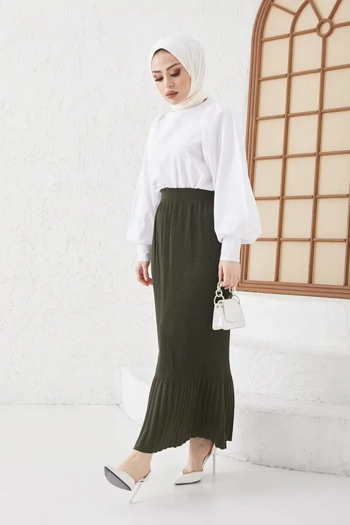 205 - Piliseli Tesettür Etek Haki-detail