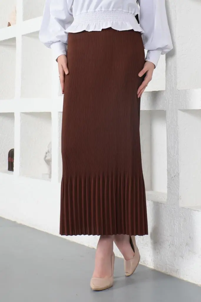 205 - Piliseli Tesettür Etek Kahverengi-detail