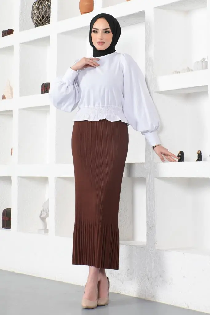 205 - Piliseli Tesettür Etek Kahverengi-detail