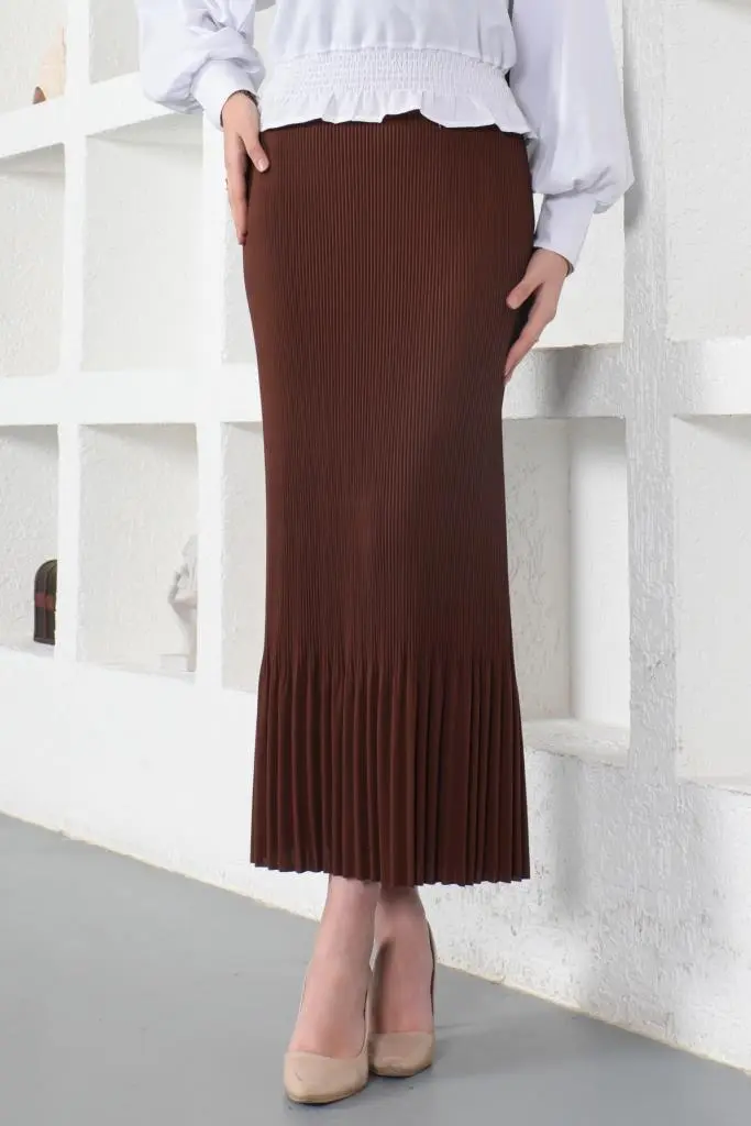 205 - Piliseli Tesettür Etek Kahverengi-detail