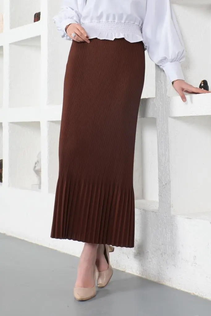 205 - Piliseli Tesettür Etek Kahverengi-detail