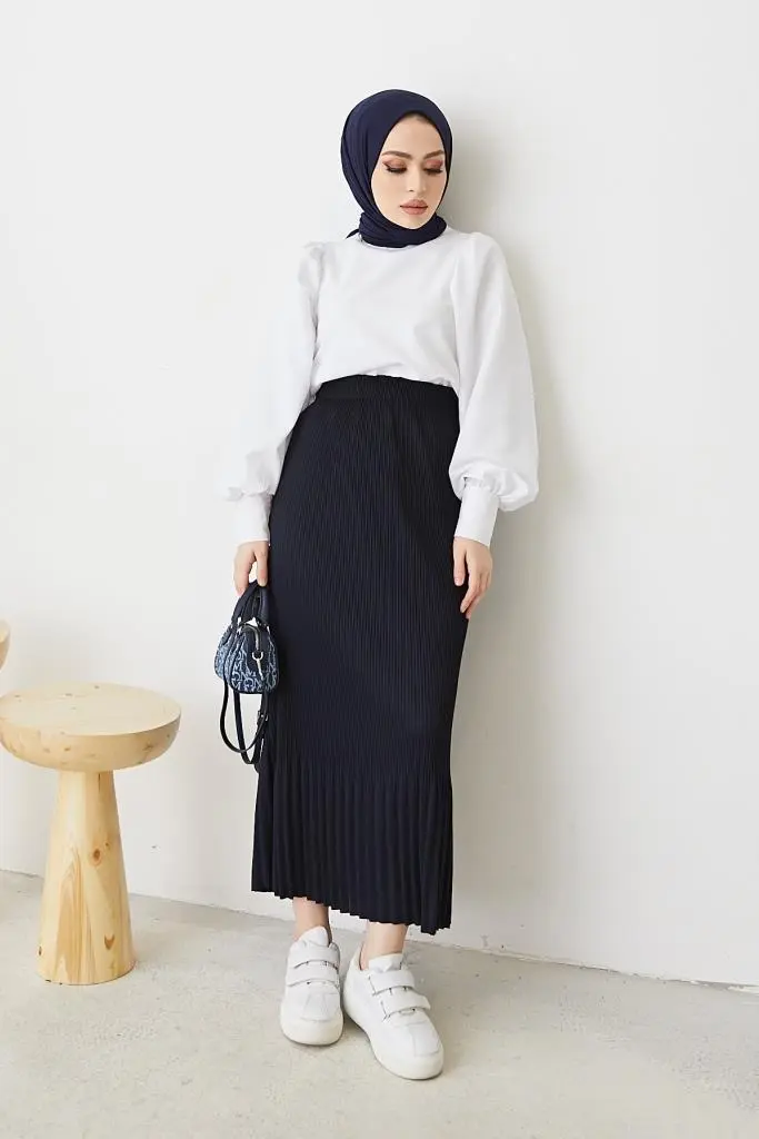 205 - Piliseli Tesettür Etek Lacivert-detail