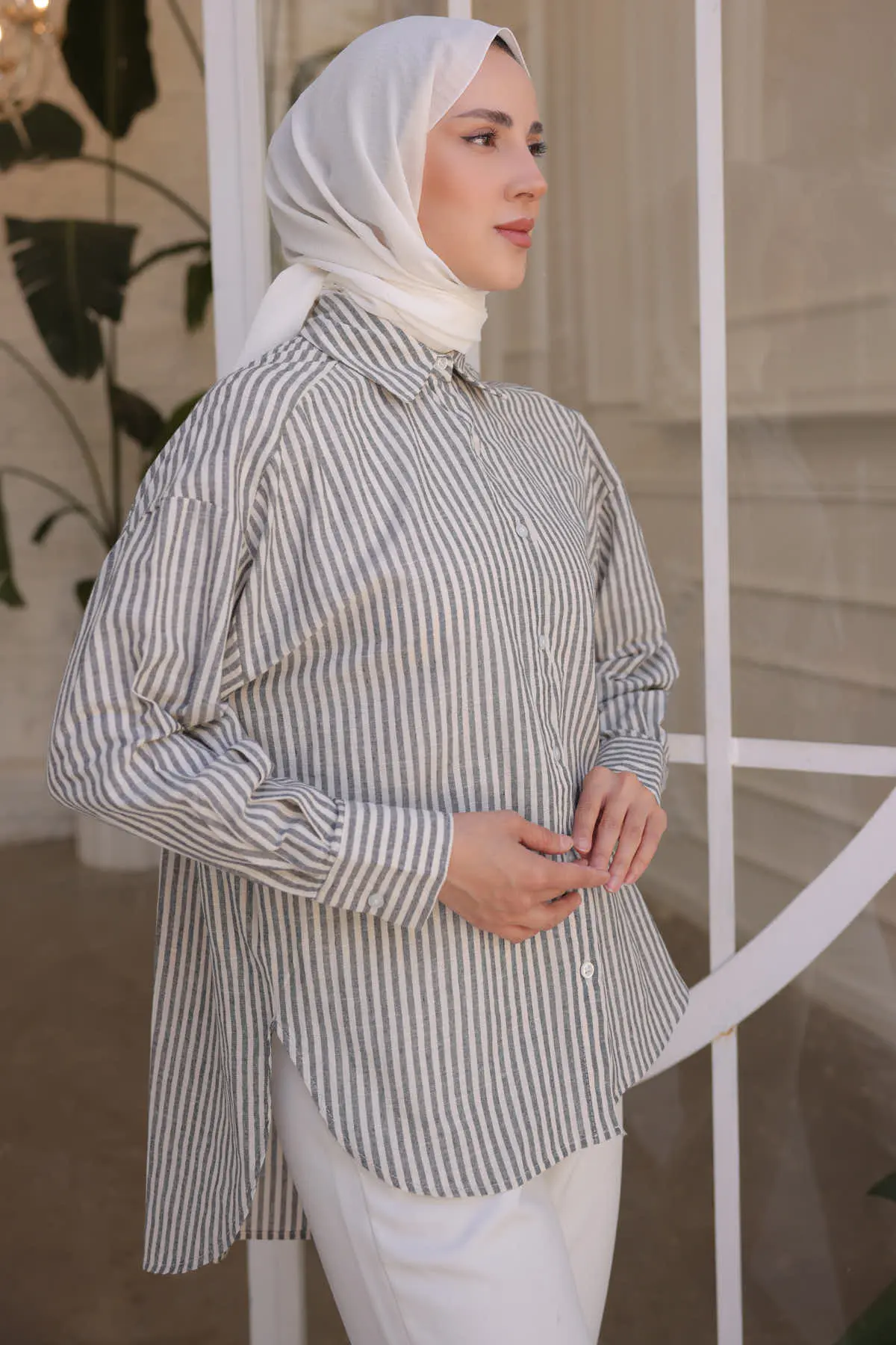 2050 Çizgili Salaş Gömlek Gri-detail