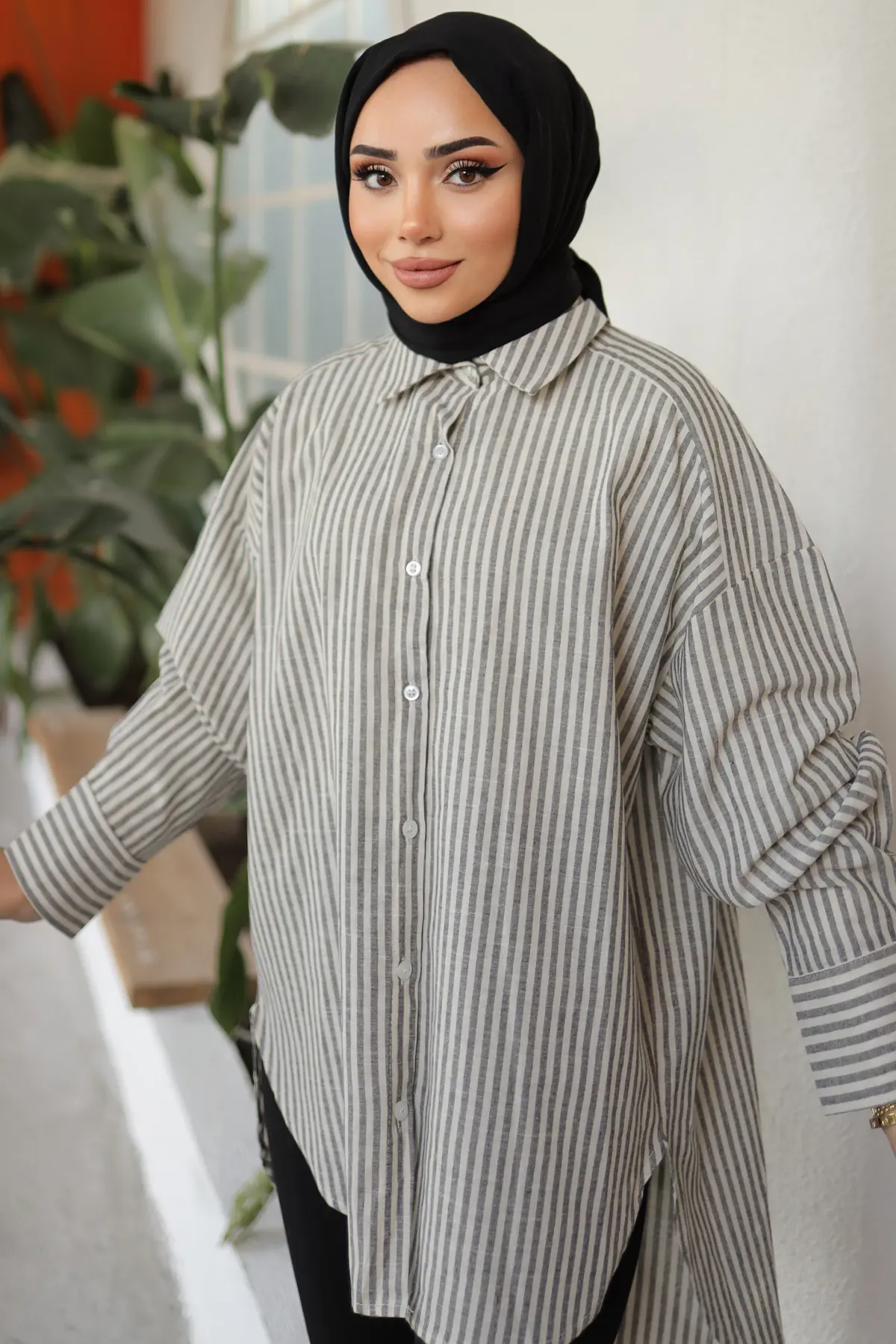 2050 Çizgili Salaş Gömlek Siyah-detail