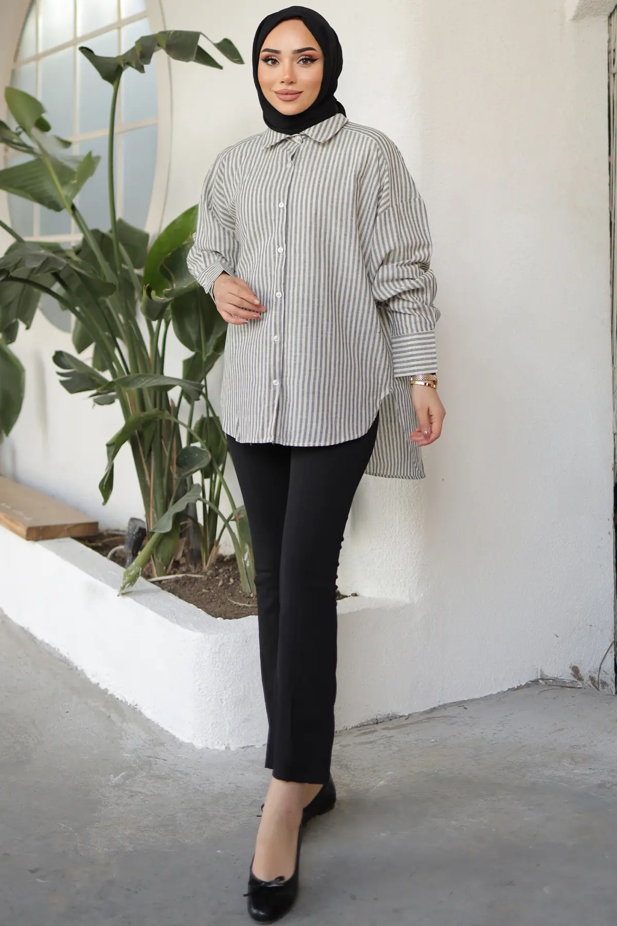 2050 Çizgili Salaş Gömlek Siyah-detail