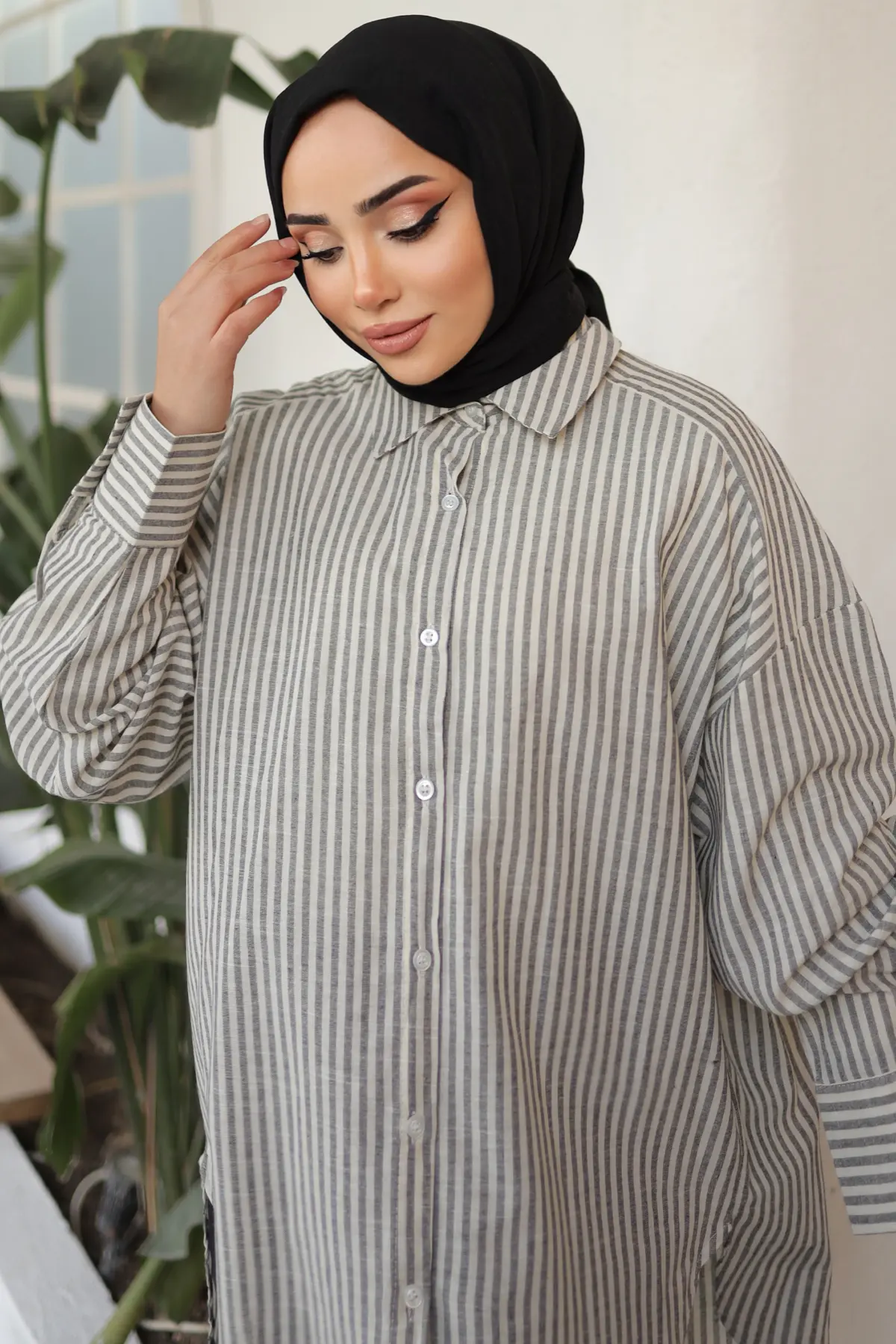 2050 Çizgili Salaş Gömlek Siyah-detail