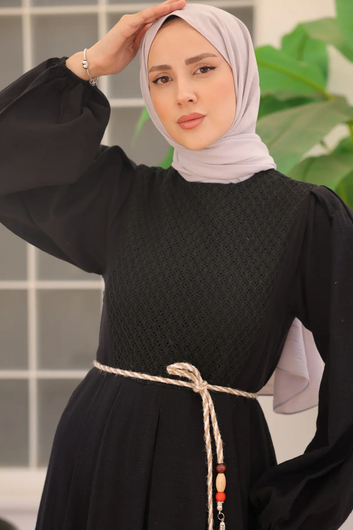 2054 Hasır Kemerli Keten Elbise Siyah-detail