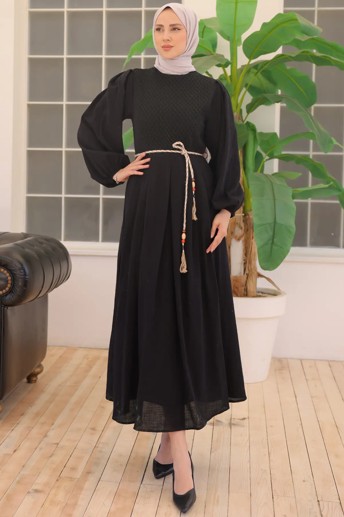 2054 Hasır Kemerli Keten Elbise Siyah-detail