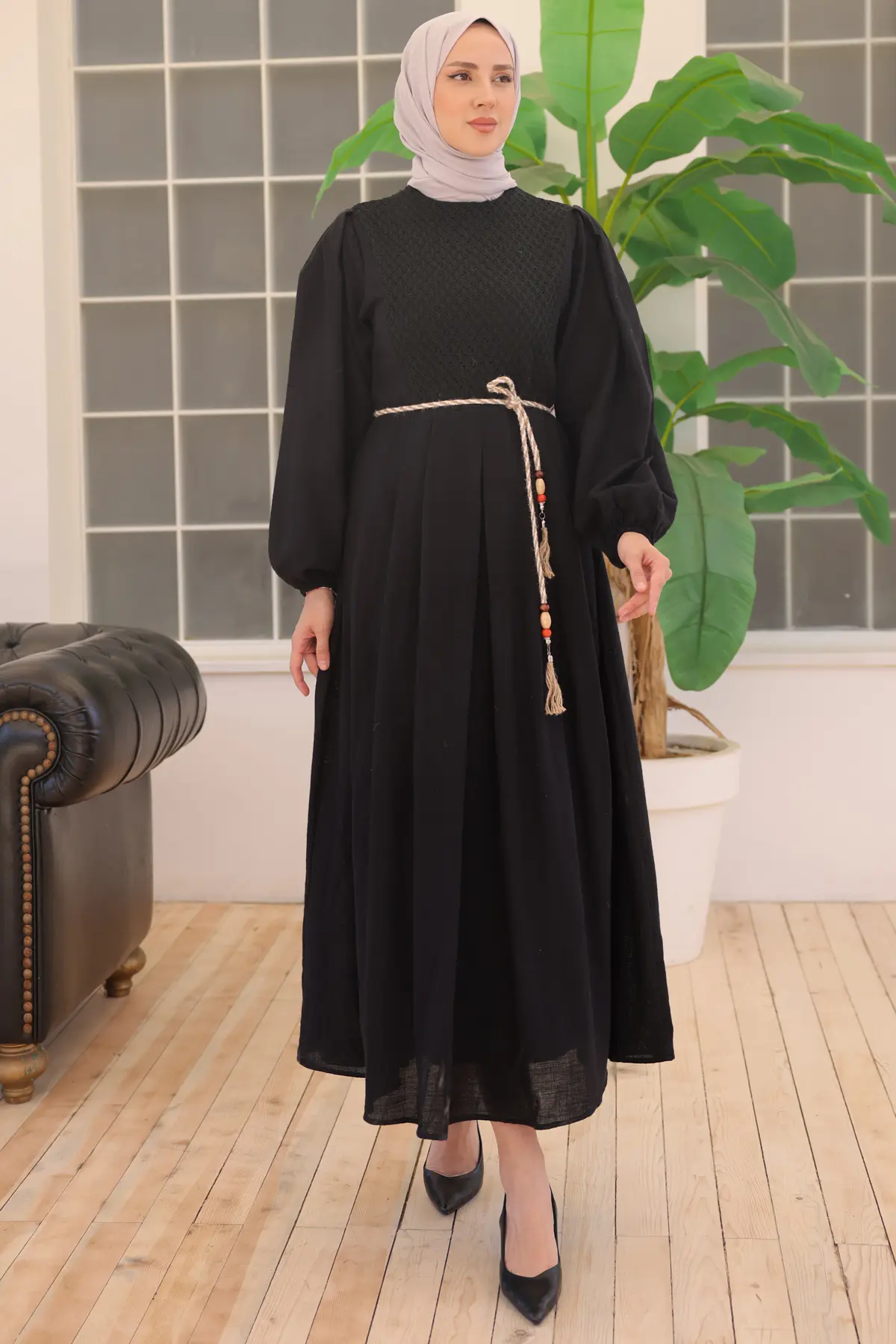 2054 Hasır Kemerli Keten Elbise Siyah-detail