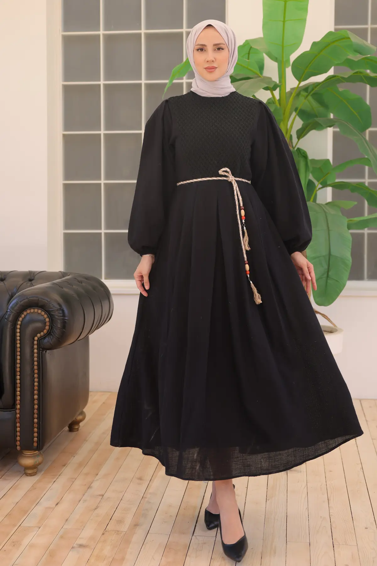 2054 Hasır Kemerli Keten Elbise Siyah-detail