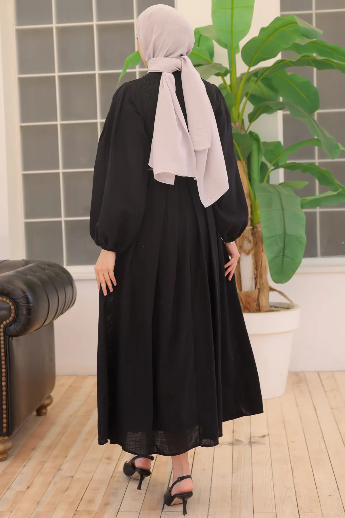 2054 Hasır Kemerli Keten Elbise Siyah-detail