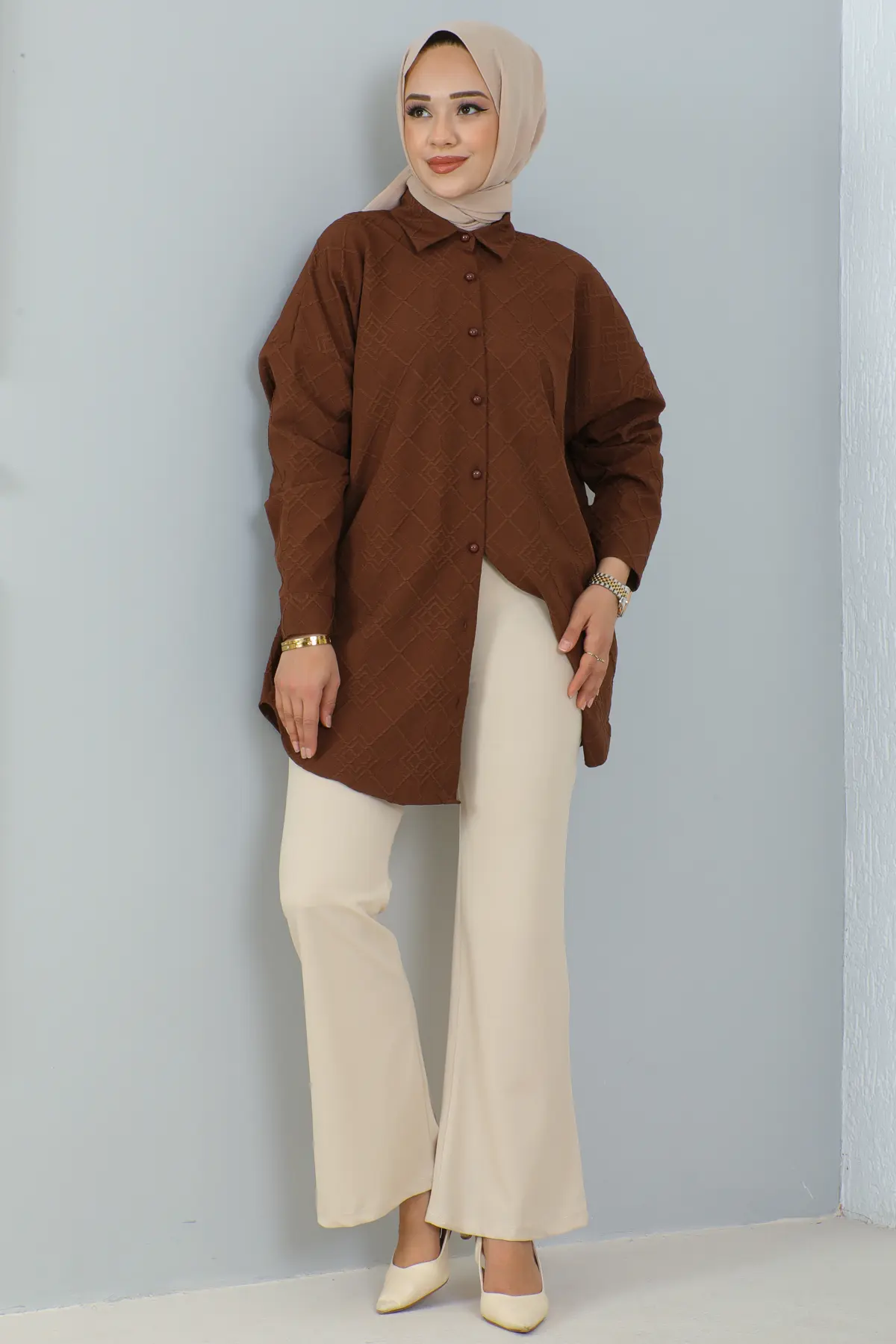 206 İspanyol Paça Kumaş Pantolon Taş Rengi-detail