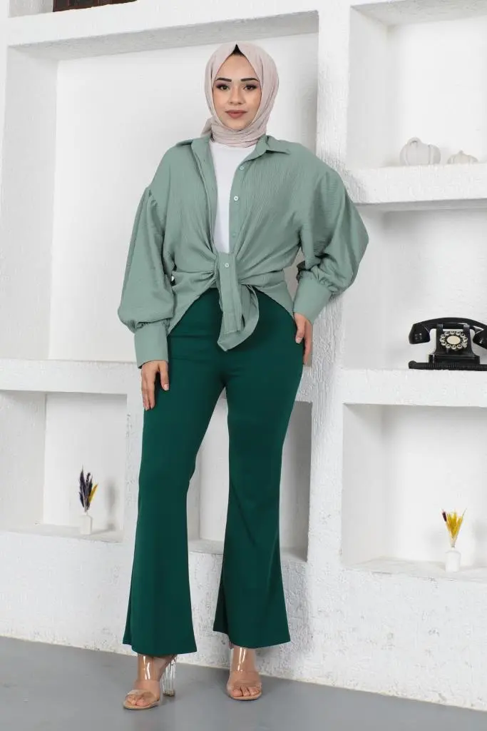 206 İspanyol Paça Kumaş Pantolon Zümrüt Yeşili-detail